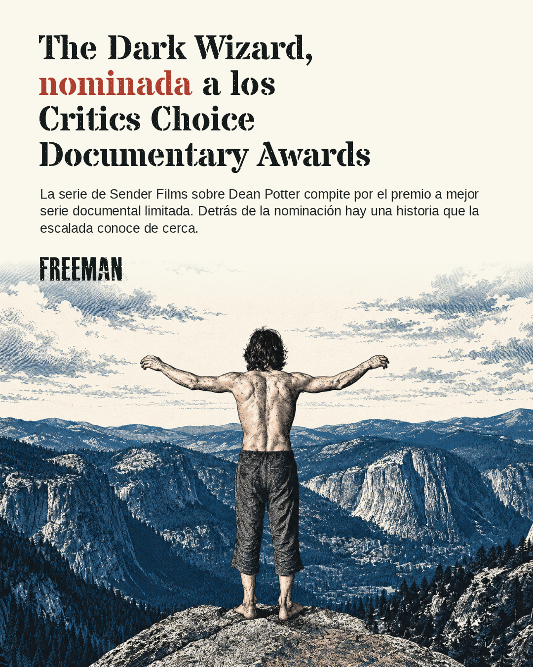 Diseño editorial Riso con el titular de la nominación de The Dark Wizard y una figura vista de espaldas ante un paisaje montañoso.