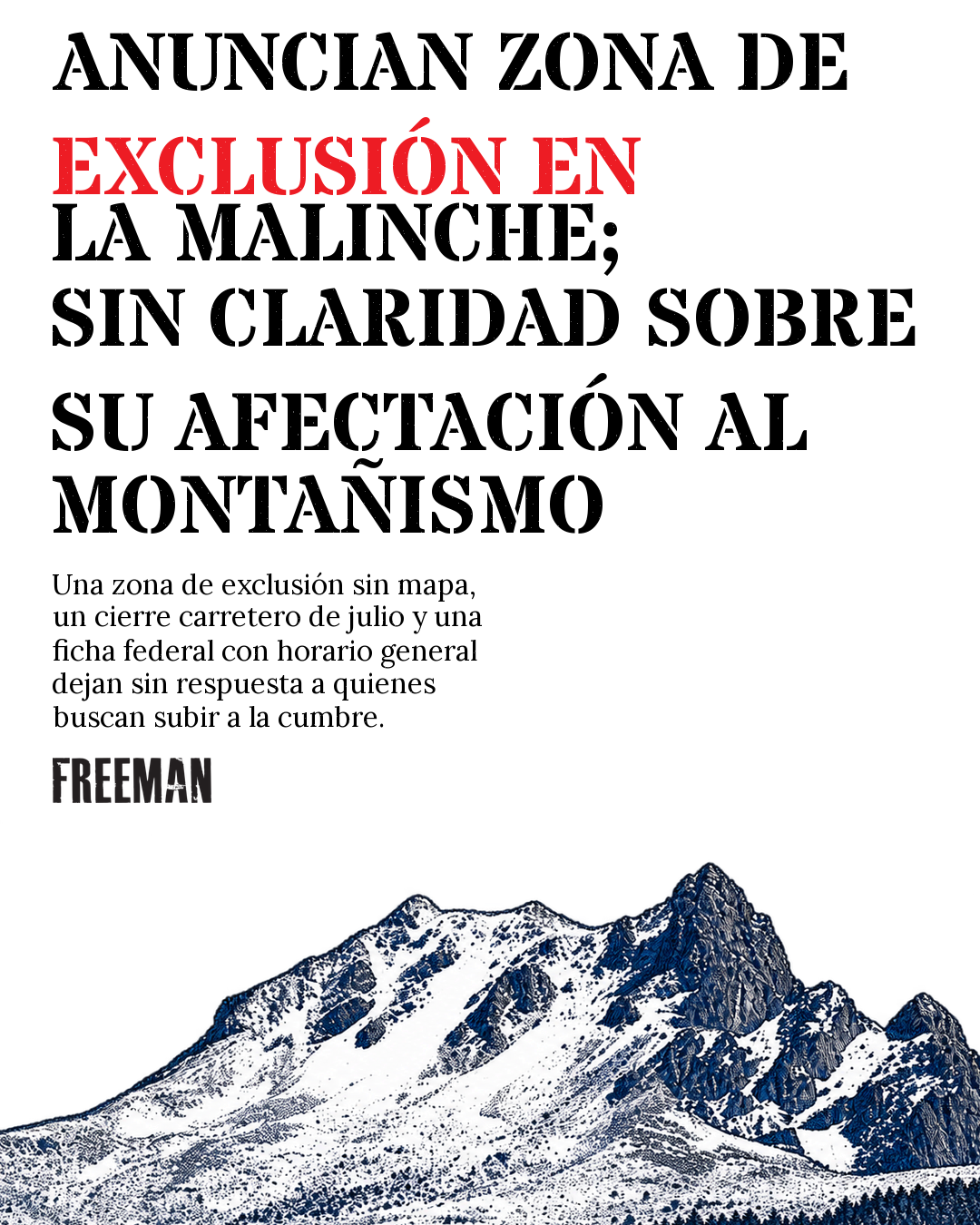 Cartel editorial Riso con el titular sobre la zona de exclusión de La Malinche y su cresta montañosa en negro y azul.